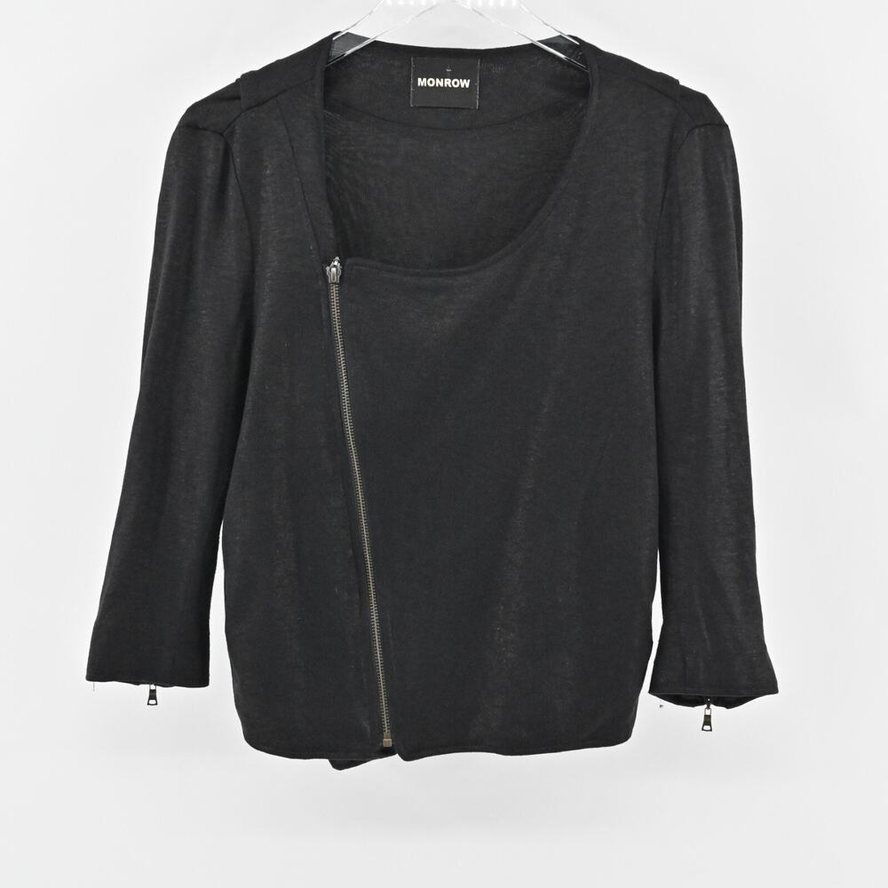 MONROW Jacket Womens Size M Black Linen Moto Asymmetrical Zip Front Rocker‎ Chic